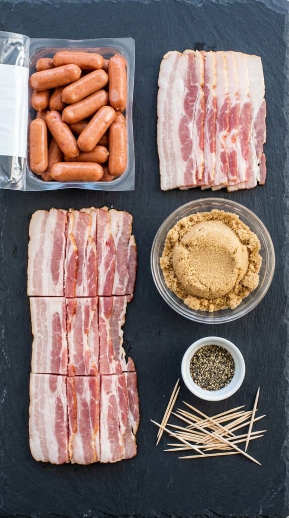 A flat lay showing cocktail sausages, raw bacon strips, brown sugar, black pepper, and wooden toothpicks on a dark slate board.